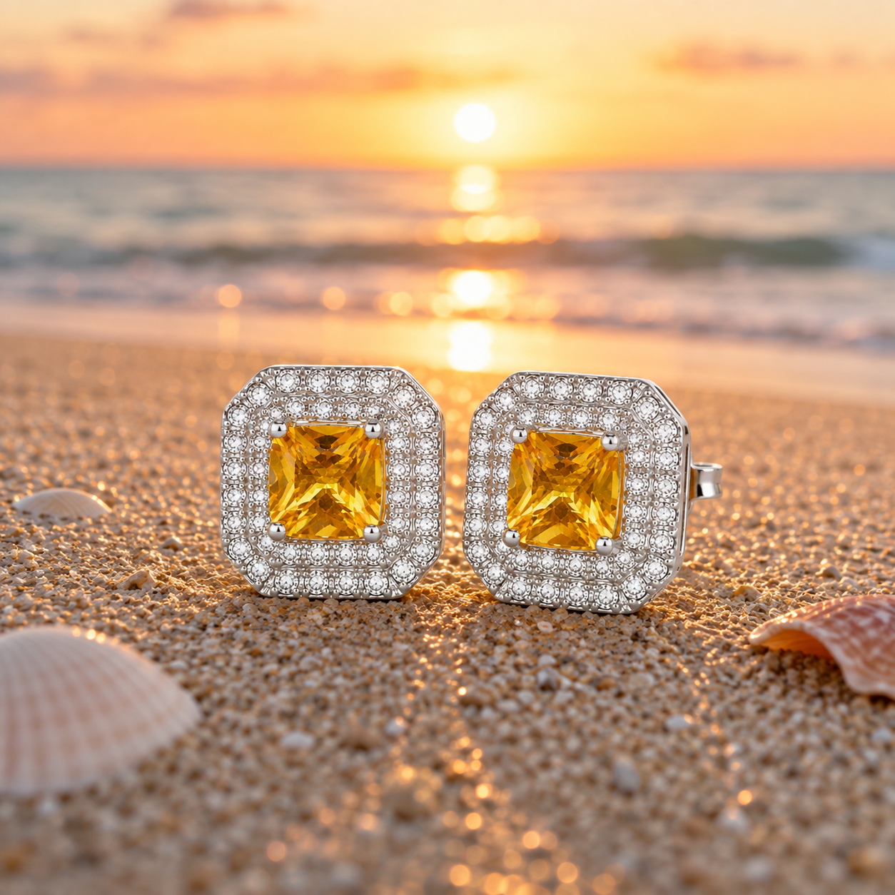 Natural citrine double halo earrings photographed on a warm sunset beach