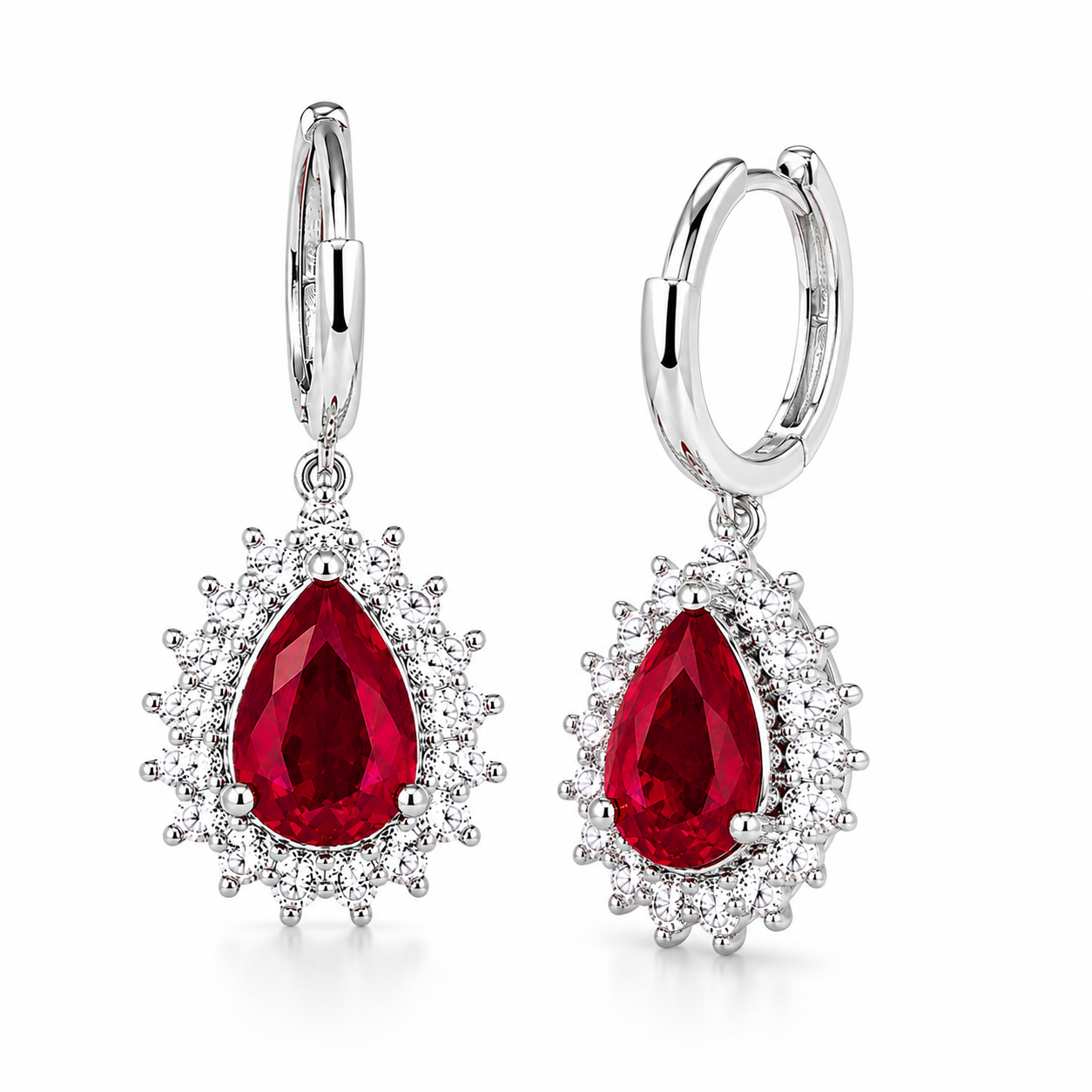 6x8mm natural ruby dangle earrings shown at a three-quarter angle