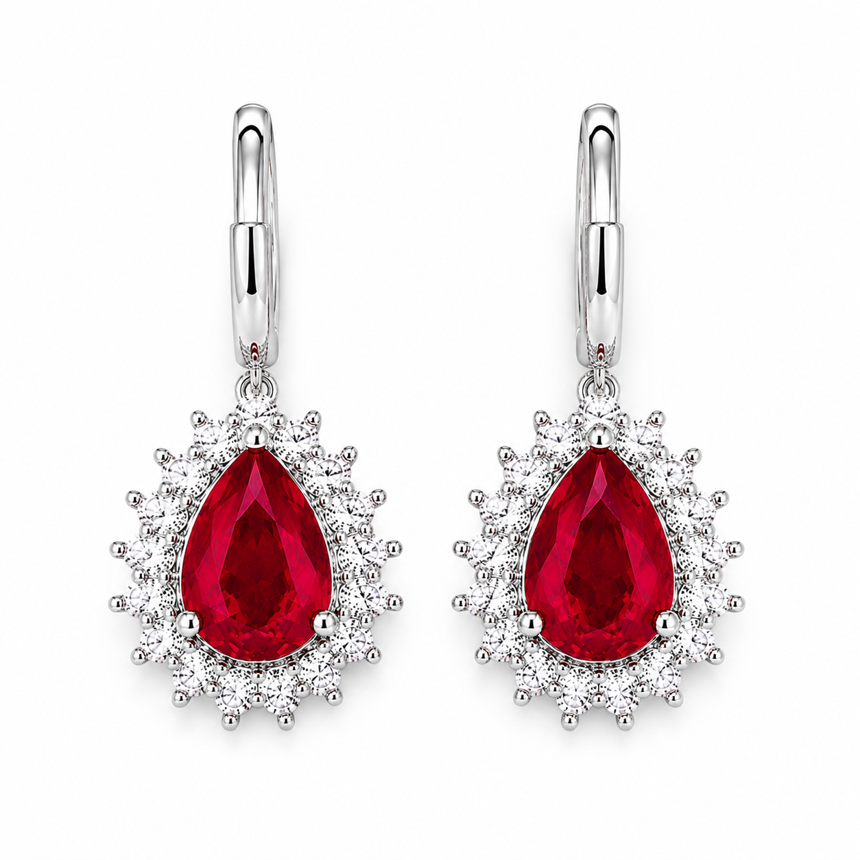 Top view of natural pear-cut ruby halo drop earrings in 925 sterling silver