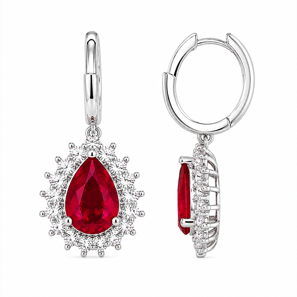 Side profile of 6x8mm natural ruby drop earrings showing the setting and hinged closures