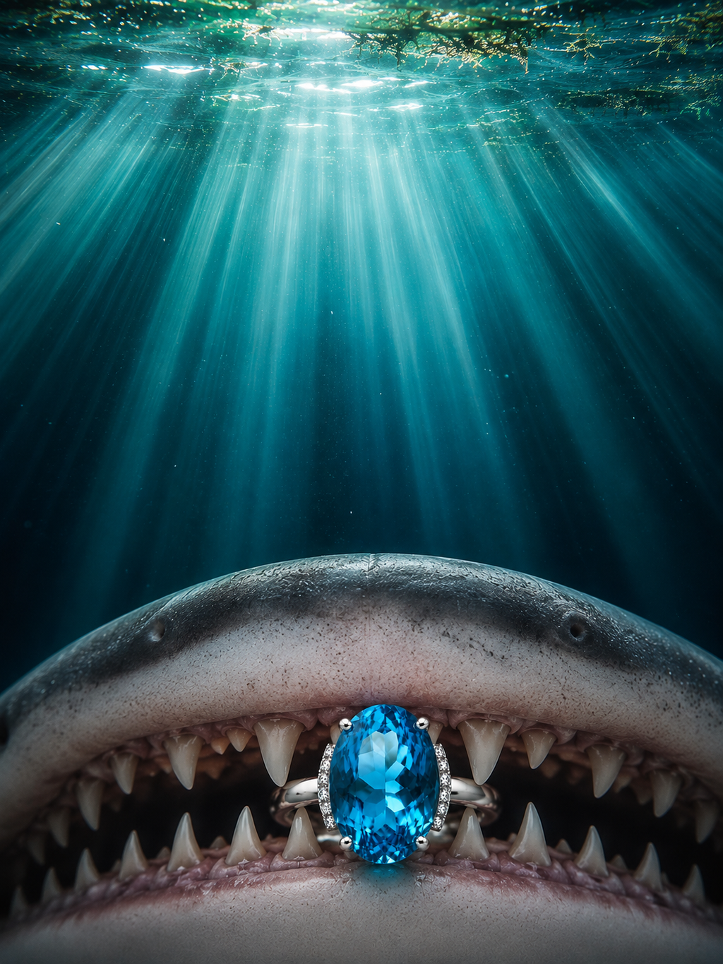 Playful underwater jewelry scene featuring a natural Swiss Blue Topaz statement ring and great white shark, highlighting the gemstone's brilliant ocean-blue color.