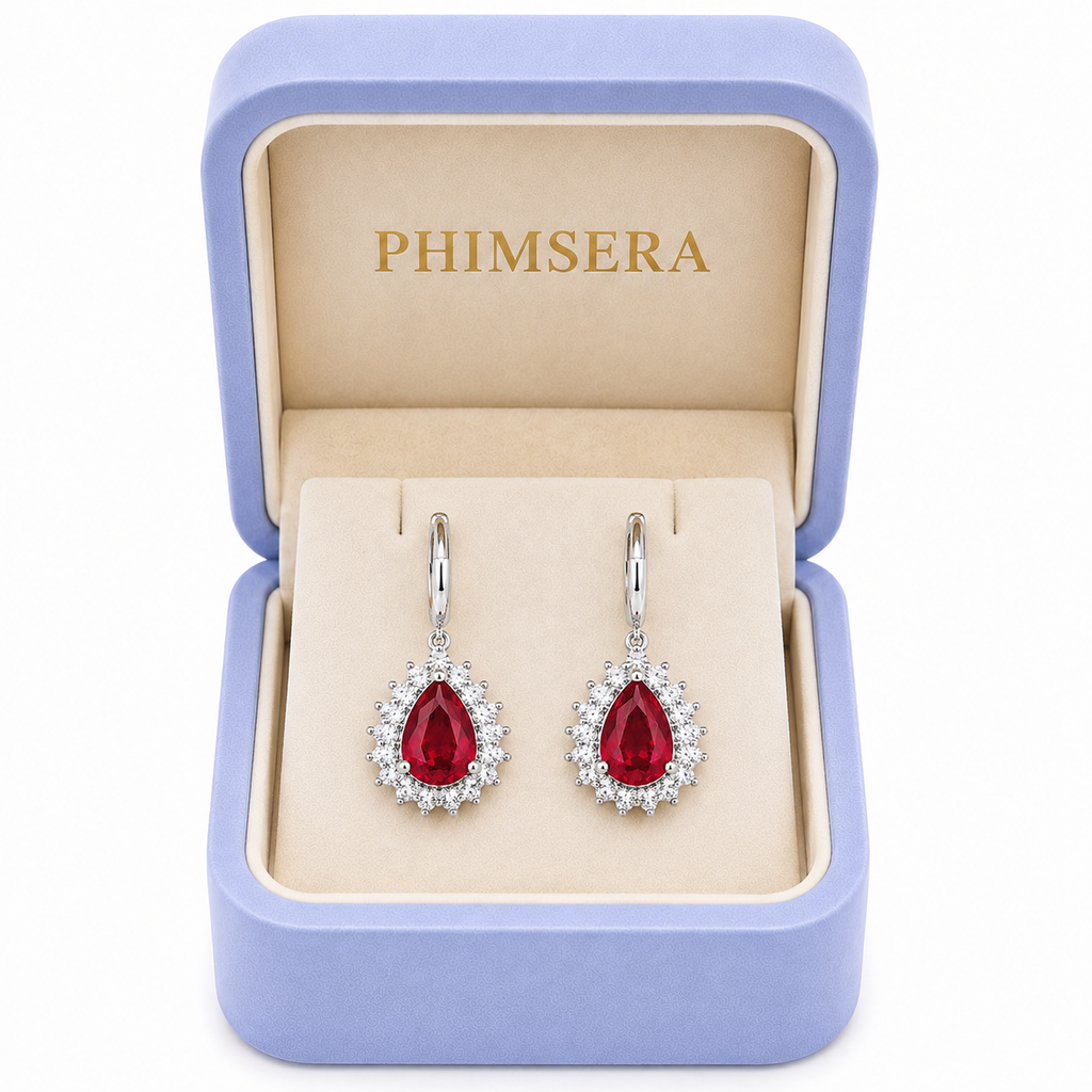 6x8mm natural ruby drop earrings displayed in a Phimsera jewelry gift box