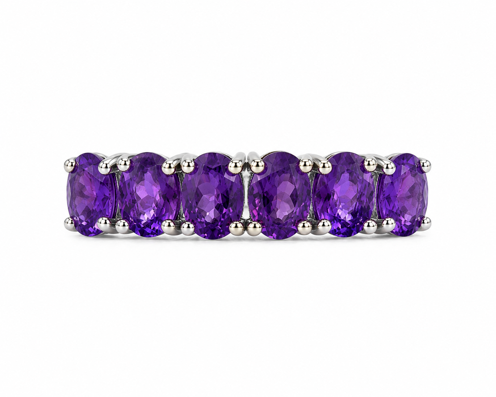 Natural amethyst 3x4mm oval half eternity band ring in 925 sterling silver, elegant February birthstone jewelry and gift for her by PHIMSERA