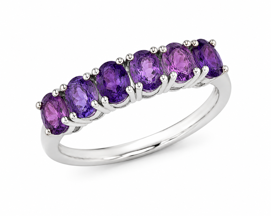 Natural amethyst 3x4mm oval half eternity band ring in 925 sterling silver, elegant February birthstone jewelry and gift for her by PHIMSERA