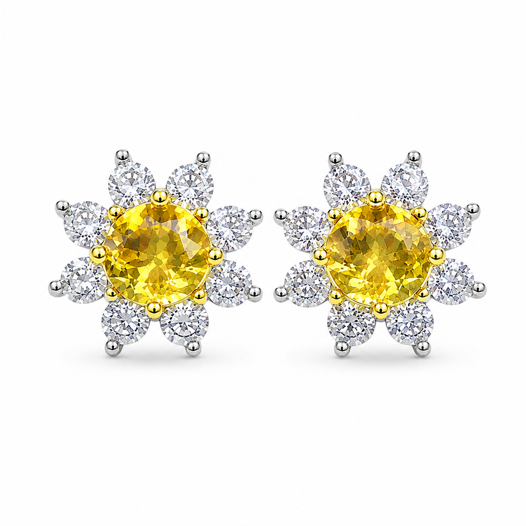 Natural 5mm citrine floral halo stud earrings in 925 sterling silver – Phimsera
