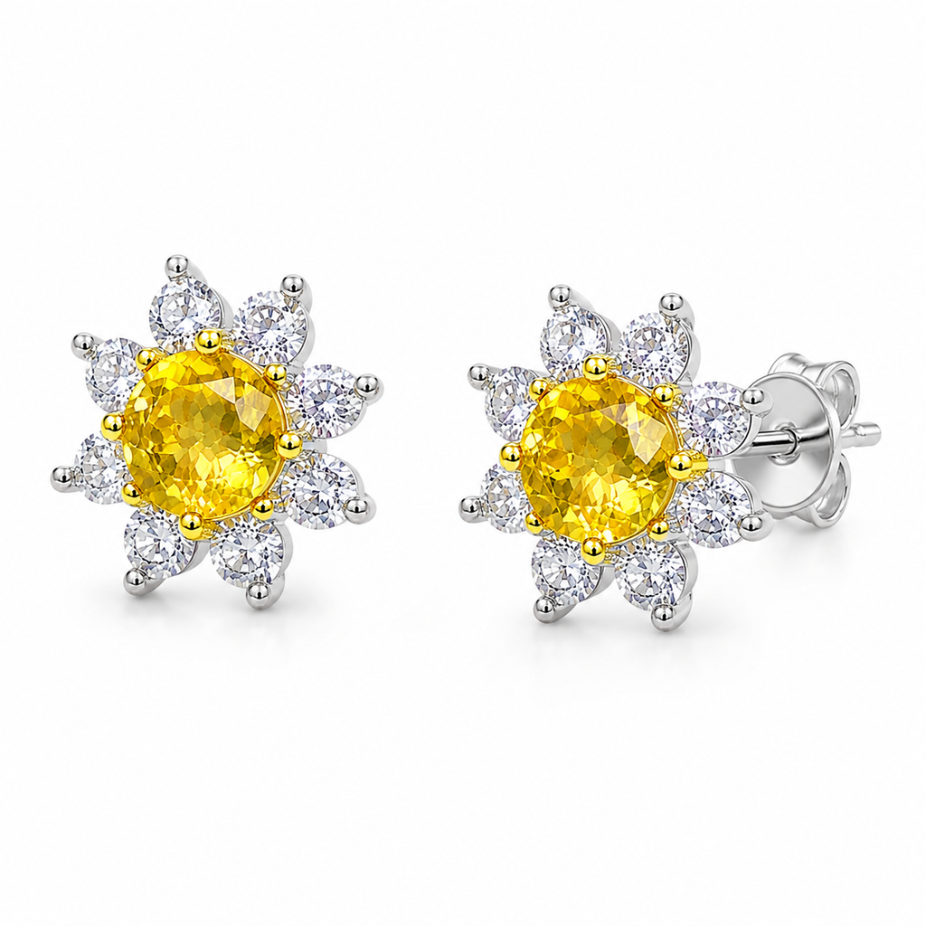 Natural golden yellow citrine flower stud earrings shown at a luxury 45-degree angle