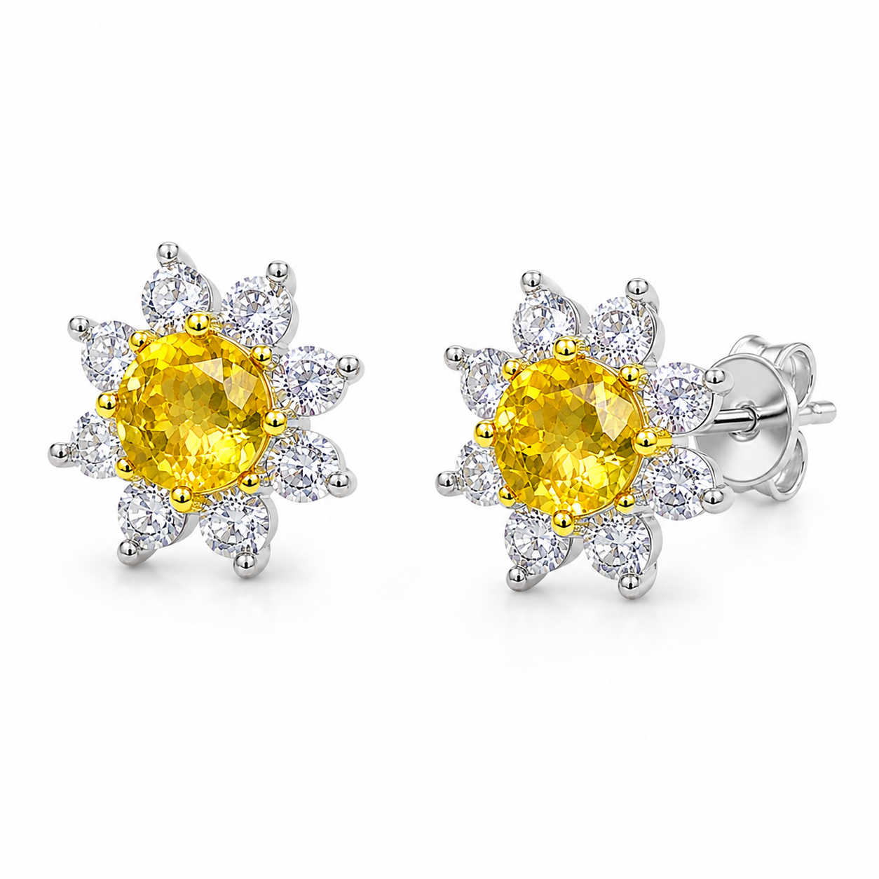 Natural golden yellow citrine flower stud earrings shown at a luxury 45-degree angle