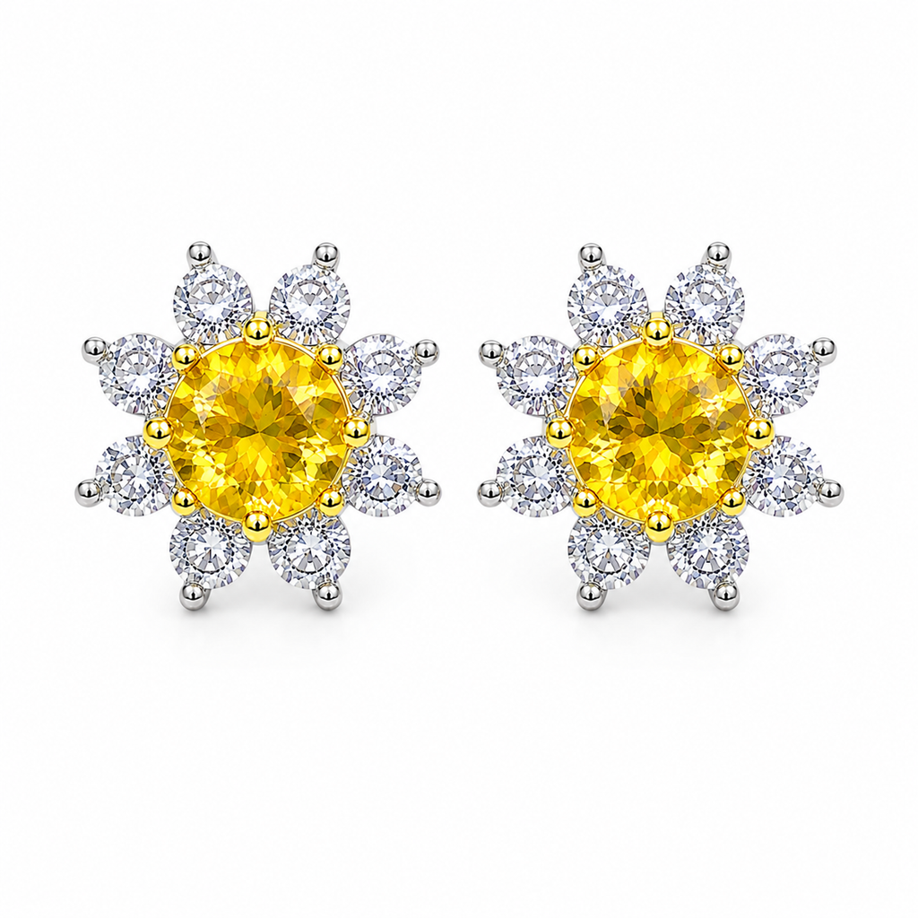 Top view of 5mm natural citrine floral stud earrings with sparkling clear CZ accents