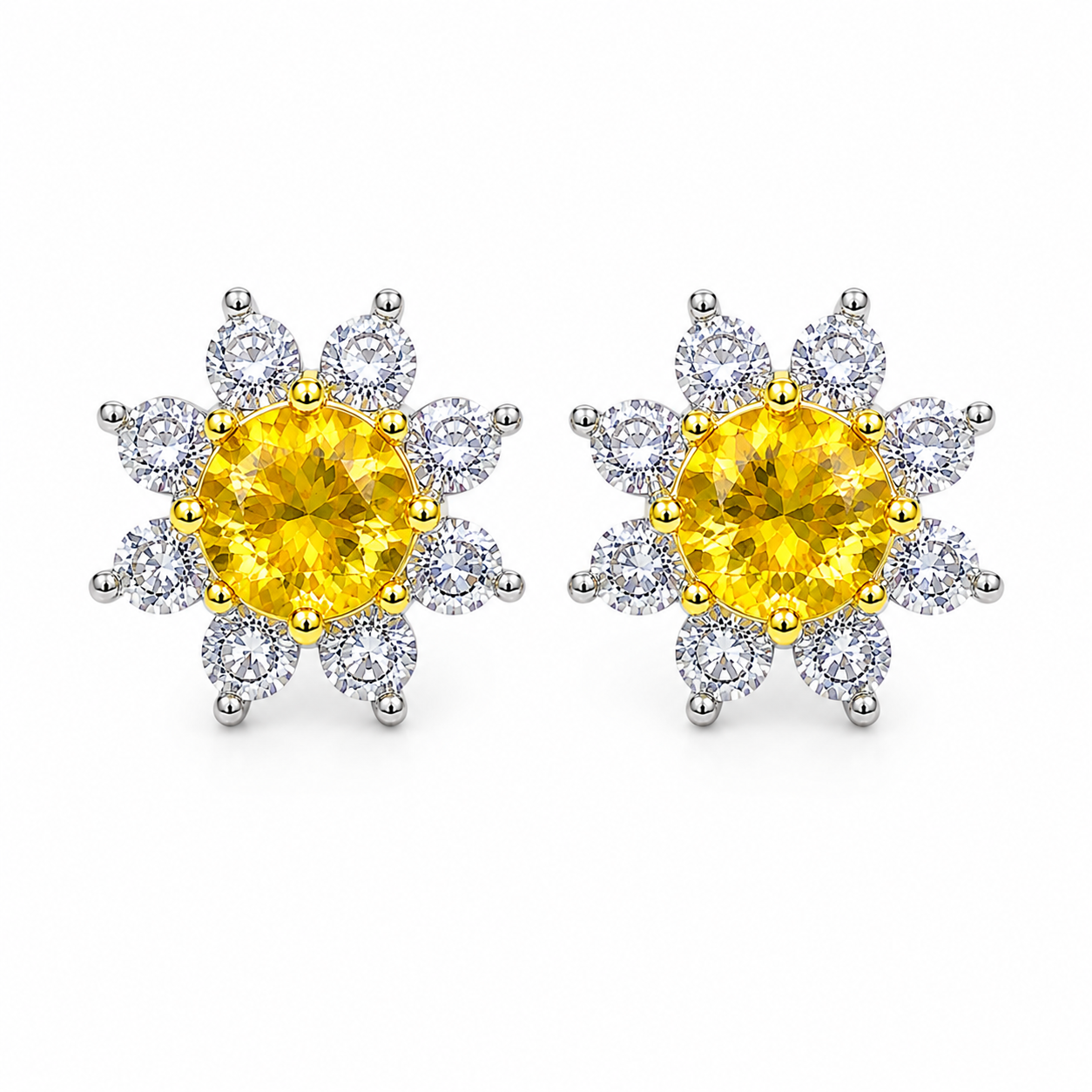 Top view of 5mm natural citrine floral stud earrings with sparkling clear CZ accents