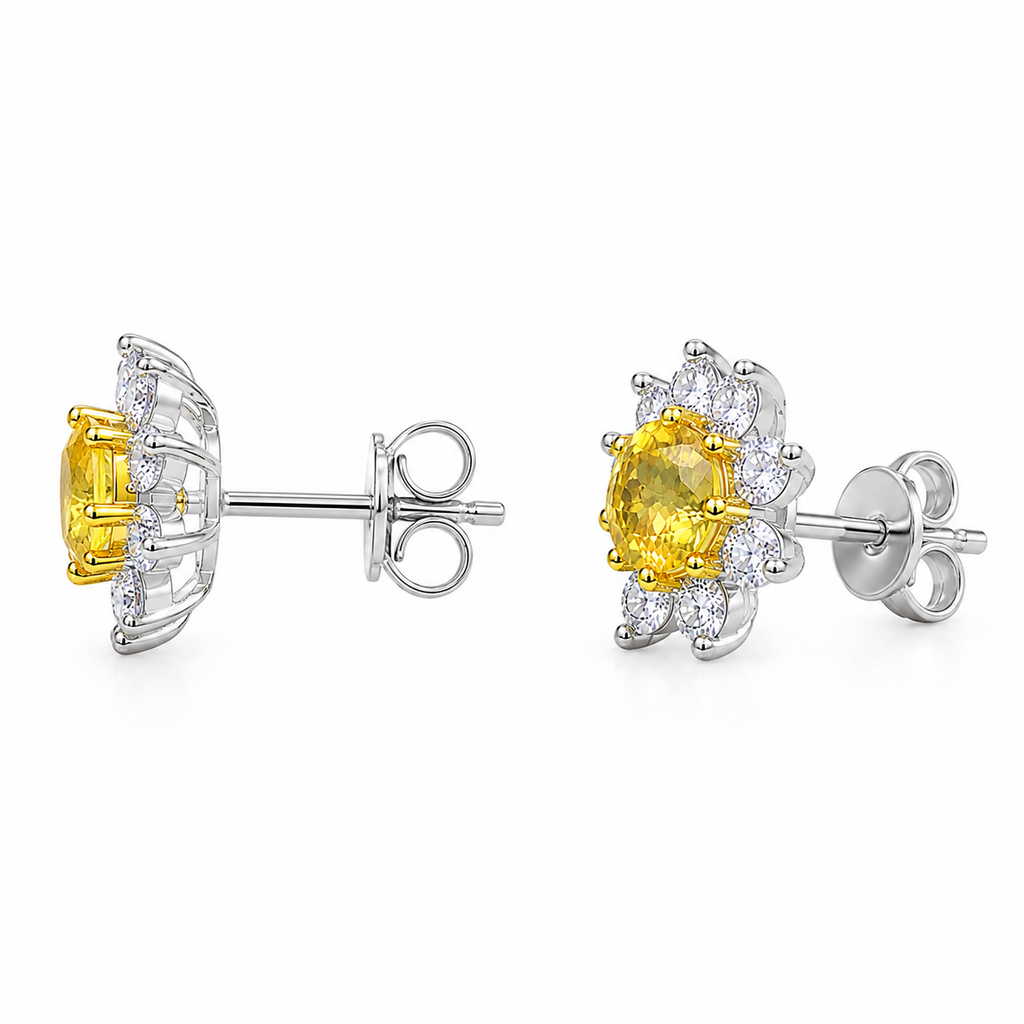 Side profile of natural citrine flower halo stud earrings showing the gemstone setting