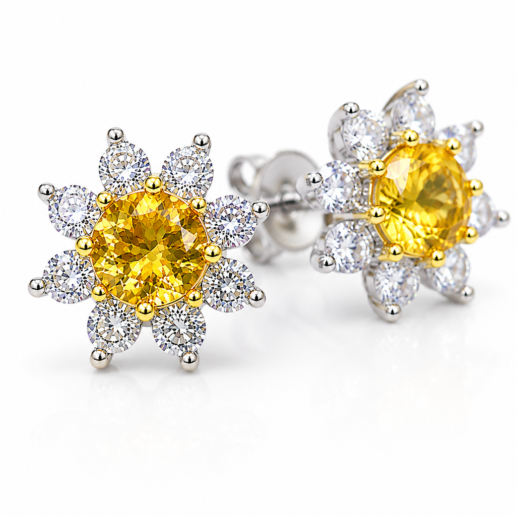 Macro close-up of 5mm natural citrine earrings showing golden-yellow gemstone brilliance and floral CZ details