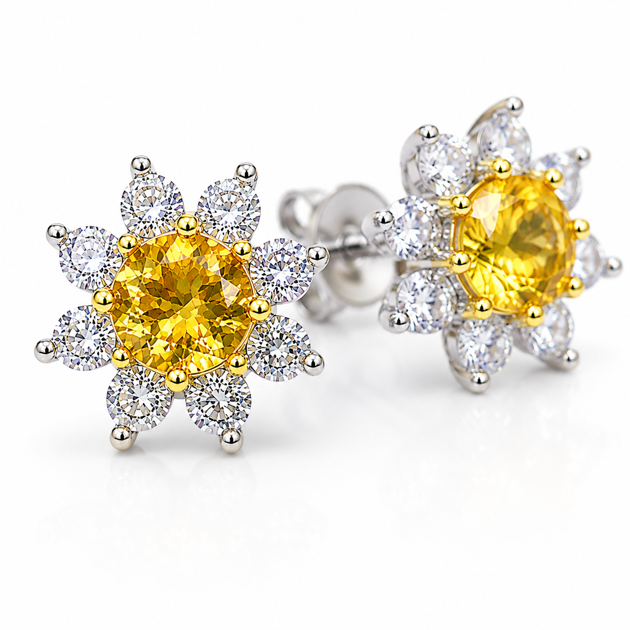 Macro close-up of 5mm natural citrine earrings showing golden-yellow gemstone brilliance and floral CZ details