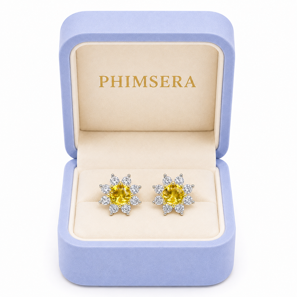 Natural 5mm citrine earrings presented inside a Phimsera jewelry gift box