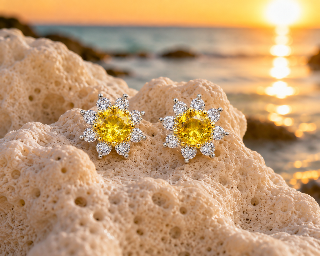Natural golden-yellow citrine floral earrings displayed on coral beside the ocean at sunset