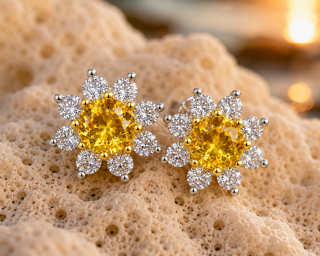Macro lifestyle view of natural citrine flower earrings on coral with warm coastal sunset lighting