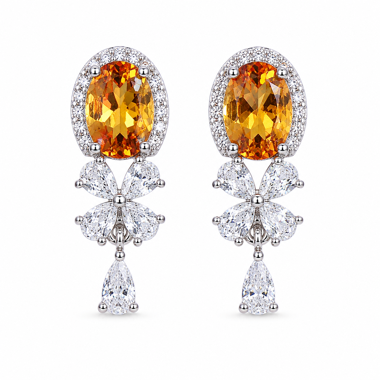 Natural citrine 5x7mm oval drop earrings in 925 sterling silver with sparkling halo and floral accents