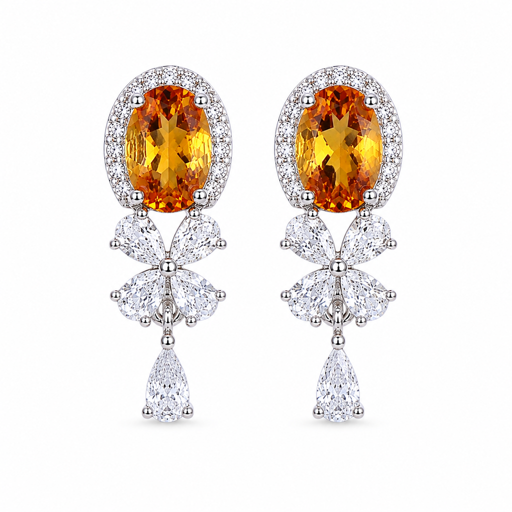 Top view of natural citrine oval gemstone earrings with sparkling floral drop design