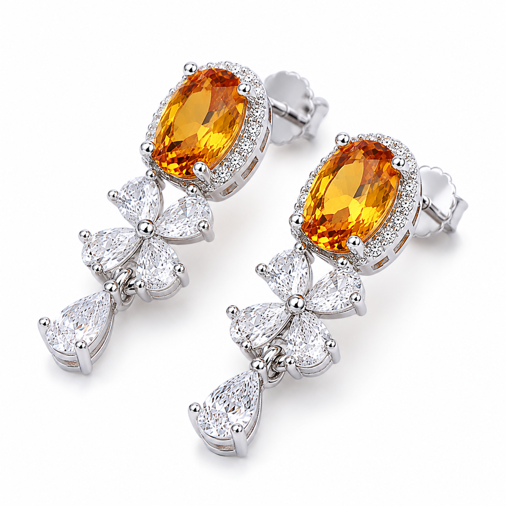 Macro close-up of natural 5x7mm citrine gemstones and sparkling accent stones