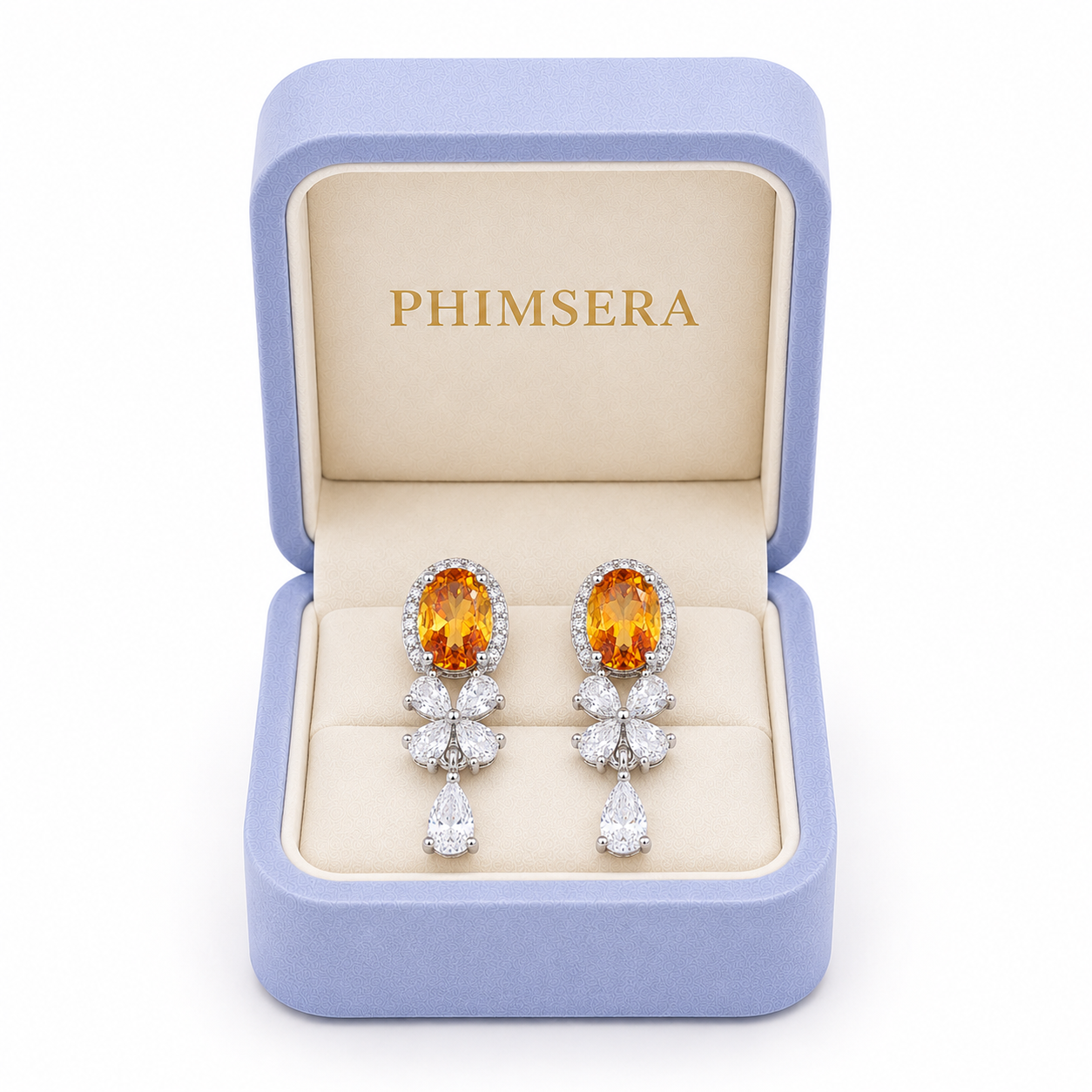 Natural citrine 5x7mm earrings presented inside a Phimsera jewelry gift box