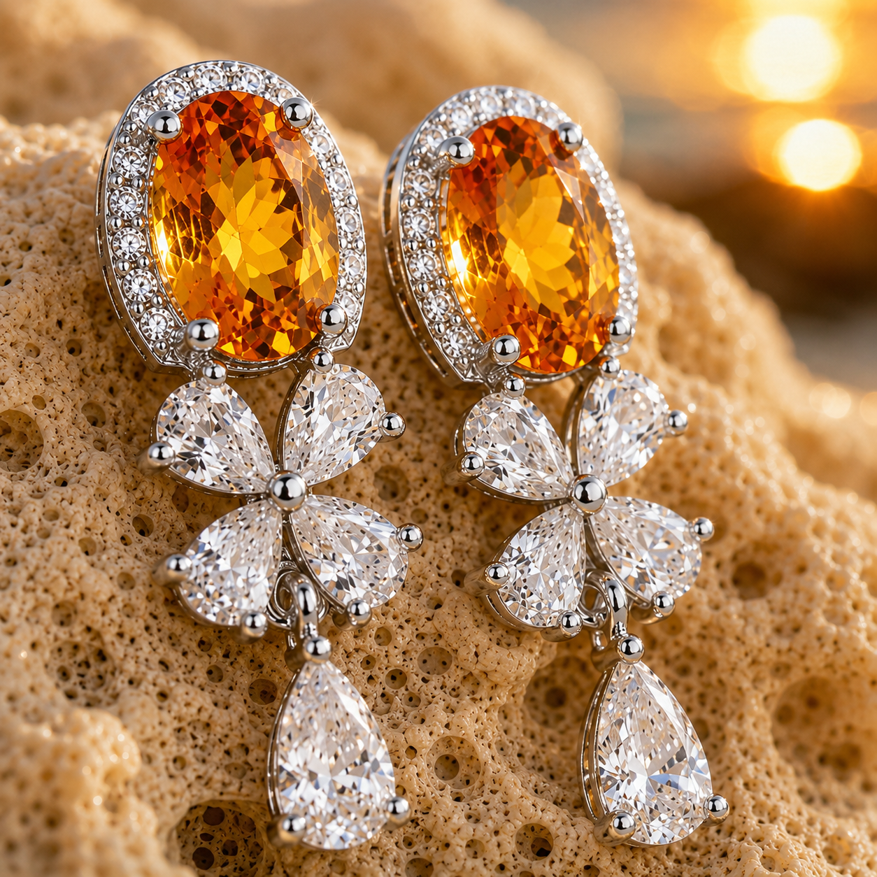 Macro view of natural 5x7mm citrine drop earrings on coral in warm sunset light