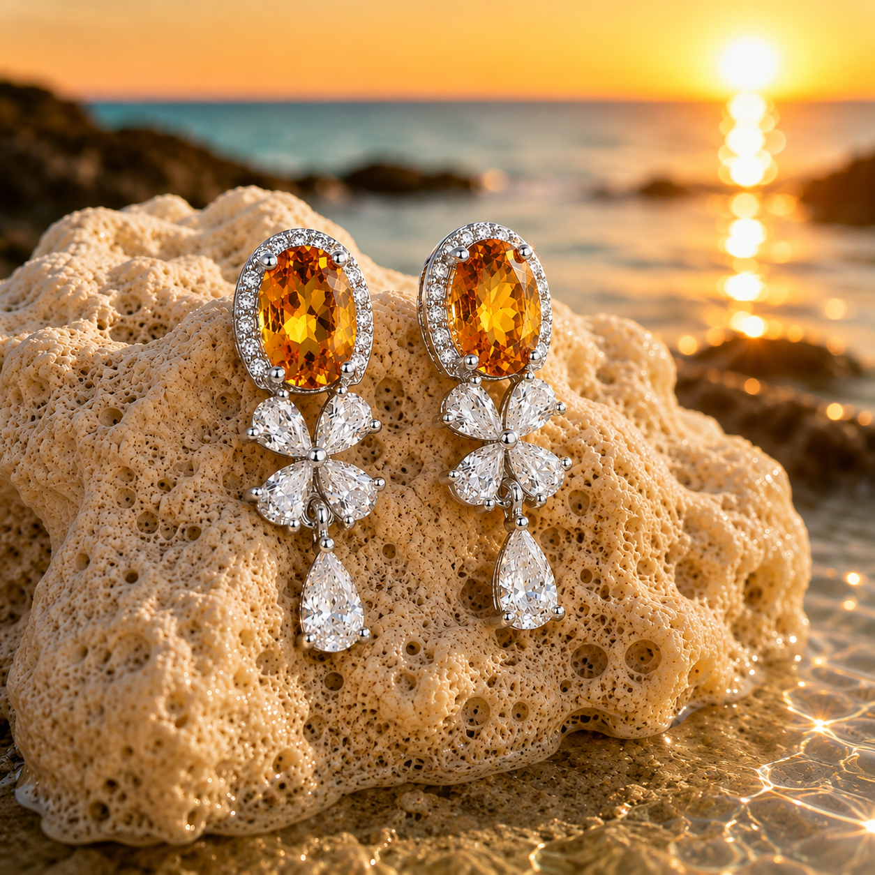 Natural citrine drop earrings displayed on coral beside the ocean at golden sunset