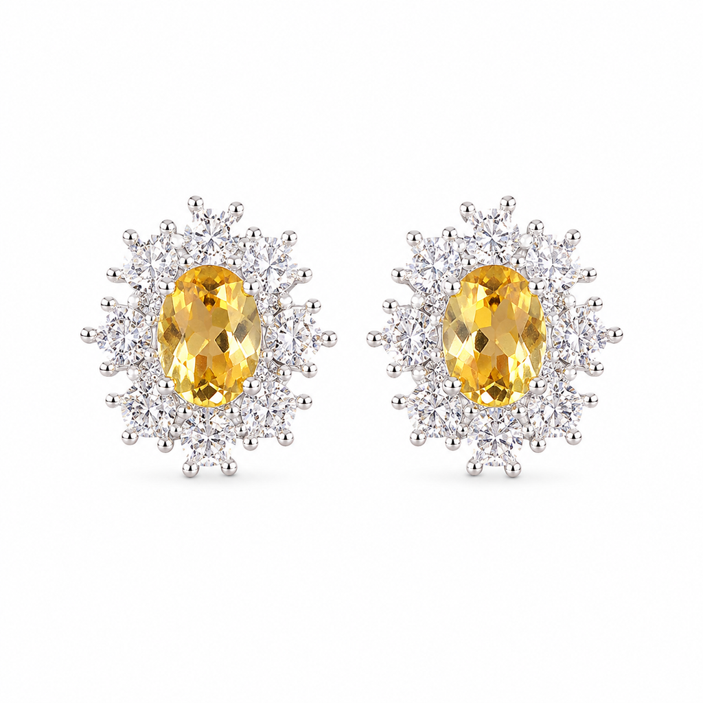 Natural 4x6mm oval citrine stud earrings with sparkling CZ halo in 925 sterling silver by Phimsera