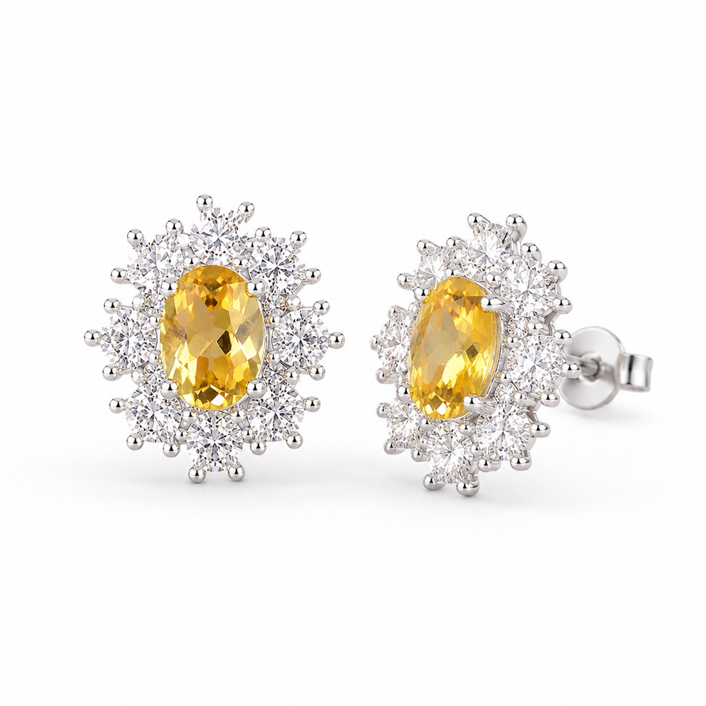 Natural citrine halo stud earrings 4x6mm oval gemstones shown at a luxury 45 degree angle