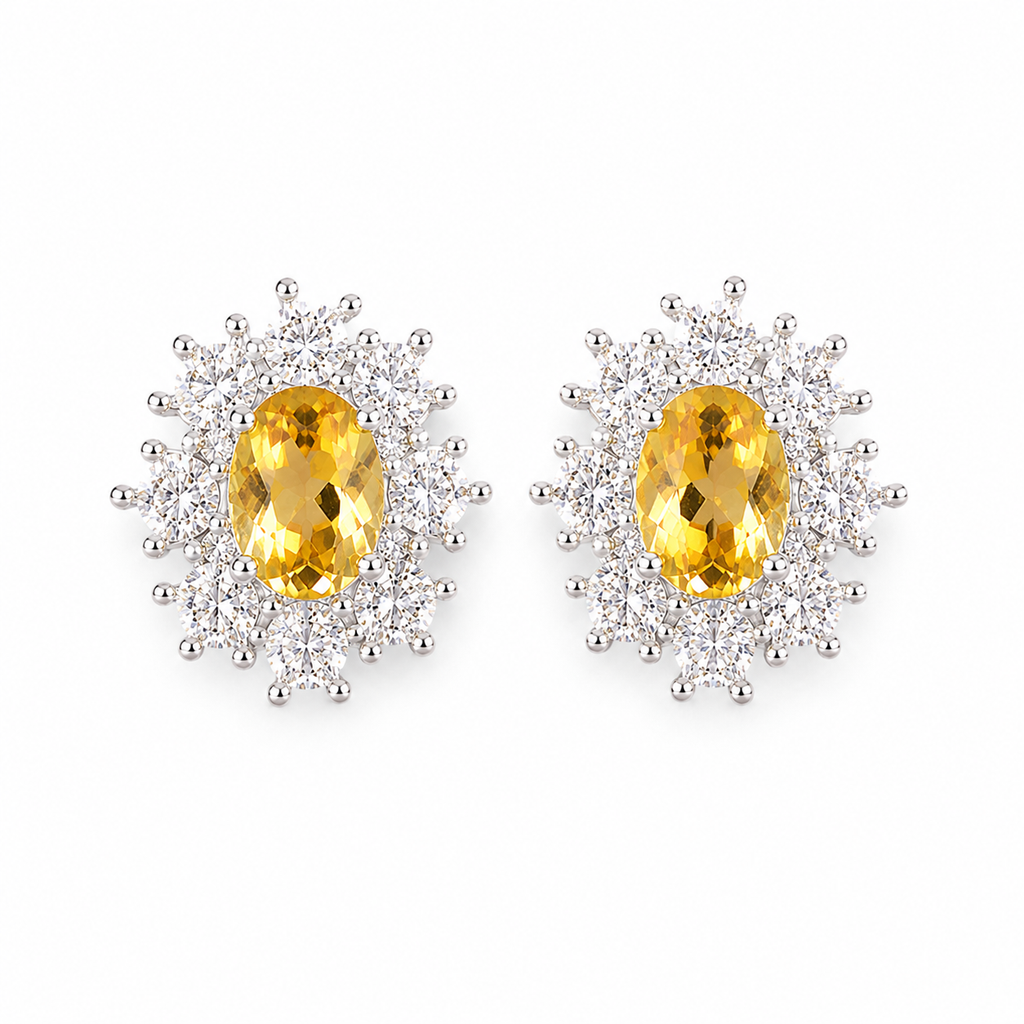 Top view of 4x6mm natural citrine stud earrings with cubic zirconia halo accents