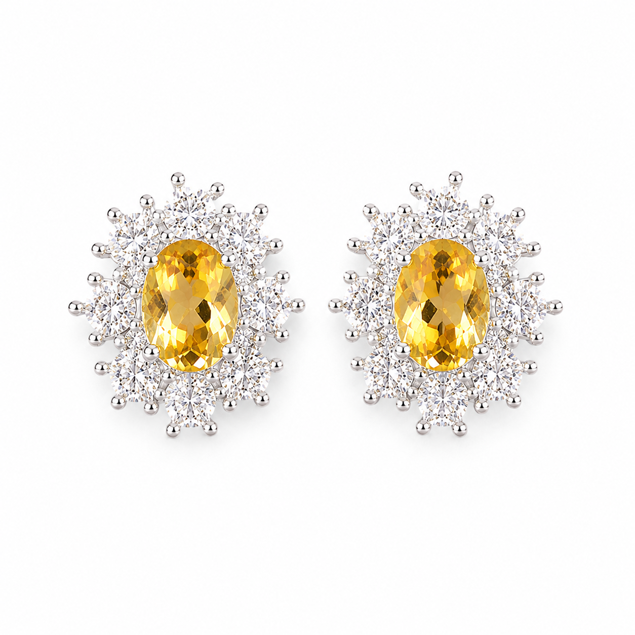 Top view of 4x6mm natural citrine stud earrings with cubic zirconia halo accents