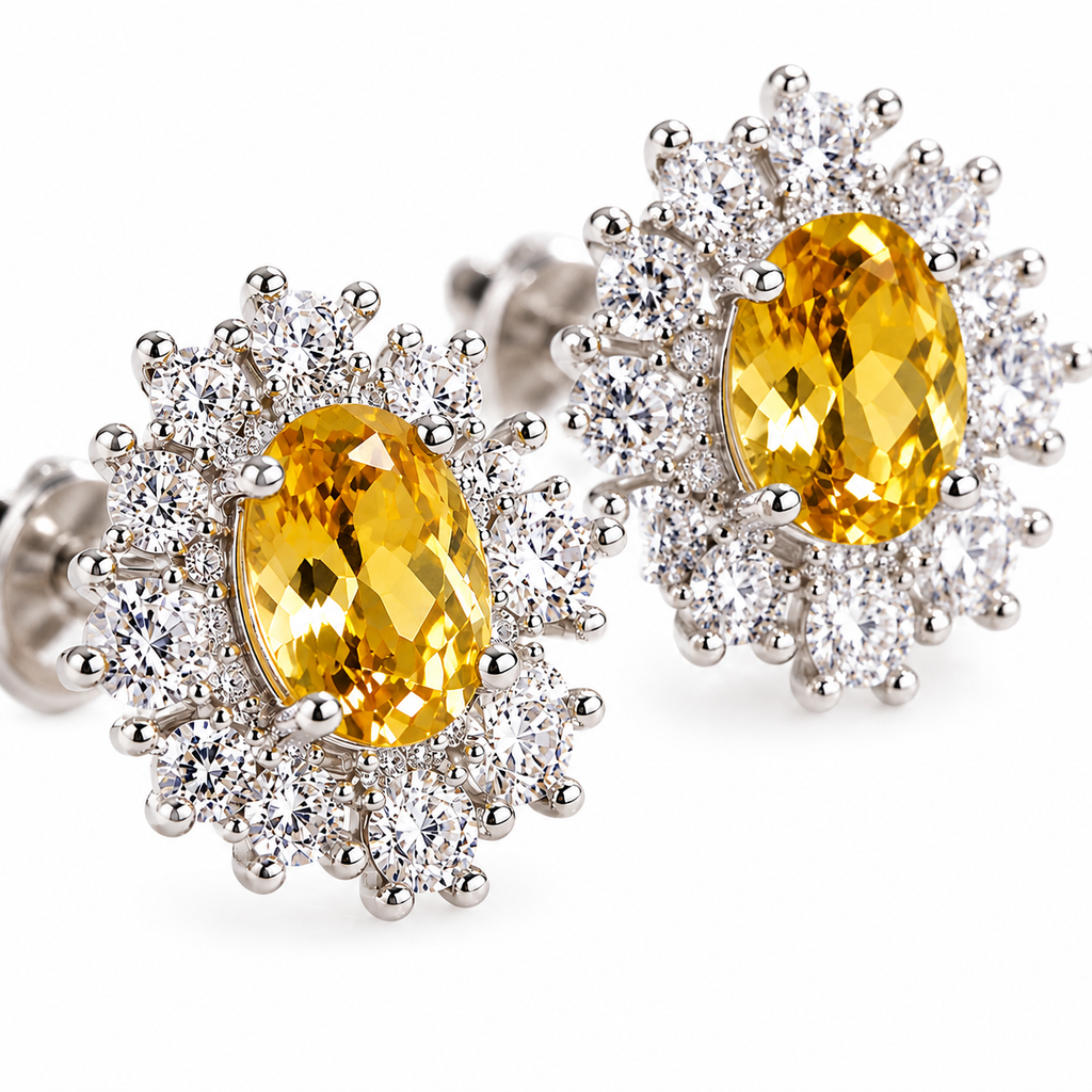 Macro close-up of 4x6mm natural citrine earrings showing golden gemstone facets and CZ halo