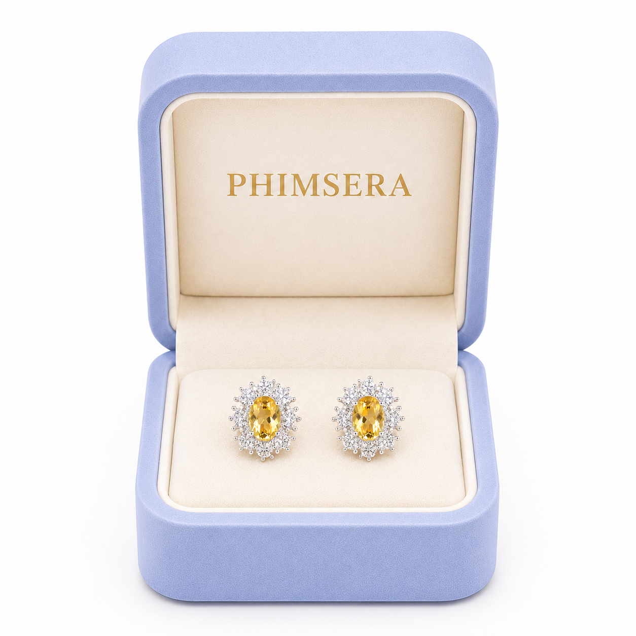 Natural 4x6mm oval citrine stud earrings with sparkling CZ halo in 925 sterling silver by Phimsera