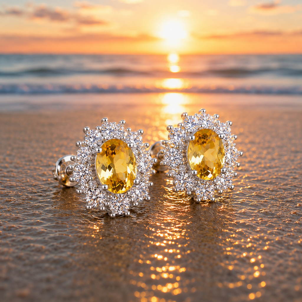 Natural 4x6mm oval citrine stud earrings with sparkling CZ halo in 925 sterling silver by Phimsera