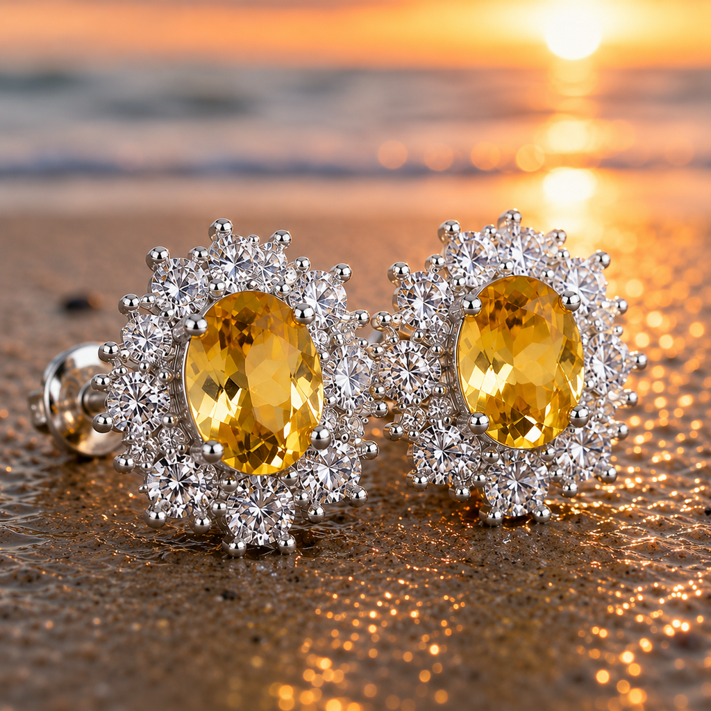 Natural 4x6mm oval citrine stud earrings with sparkling CZ halo in 925 sterling silver by Phimsera