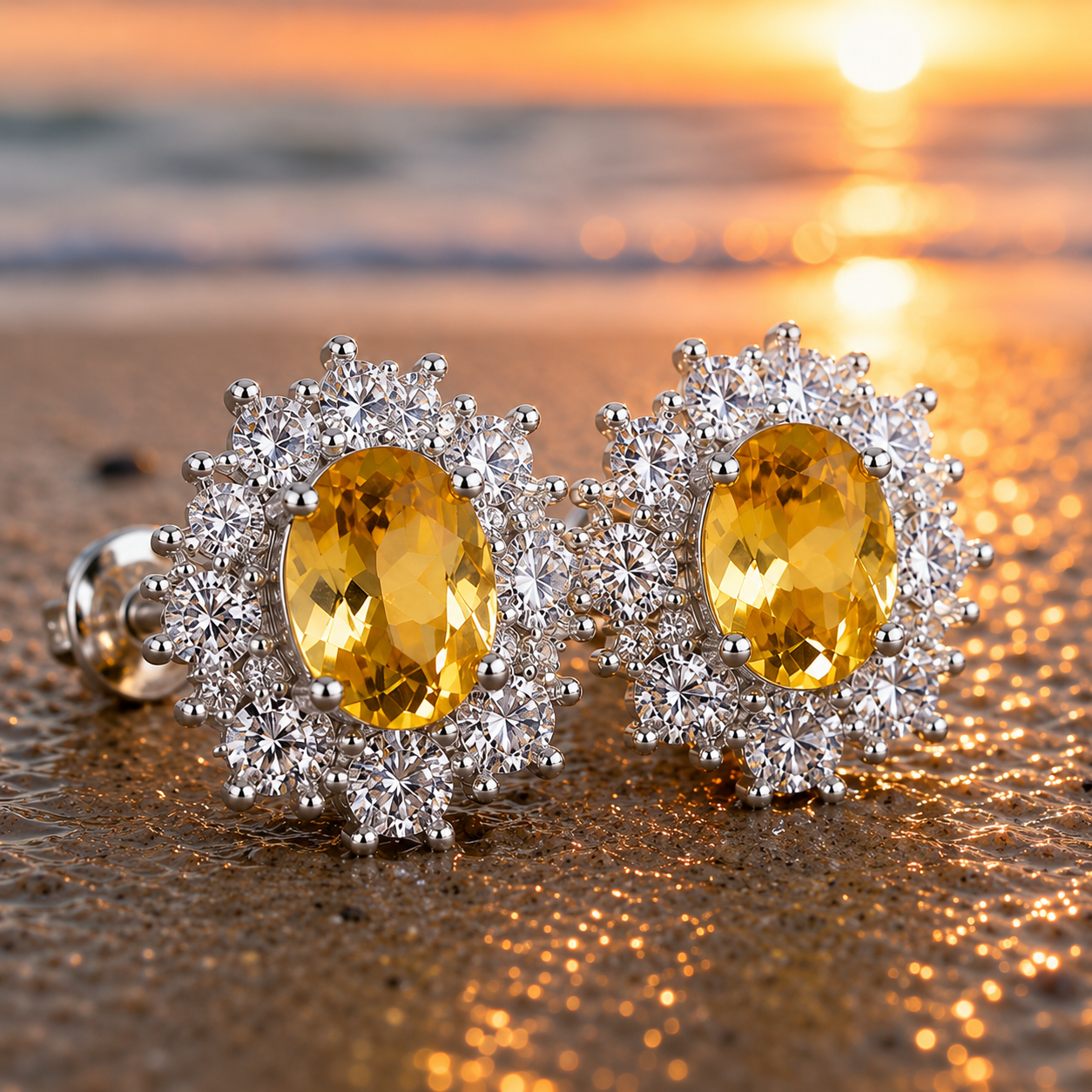 Natural 4x6mm oval citrine stud earrings with sparkling CZ halo in 925 sterling silver by Phimsera