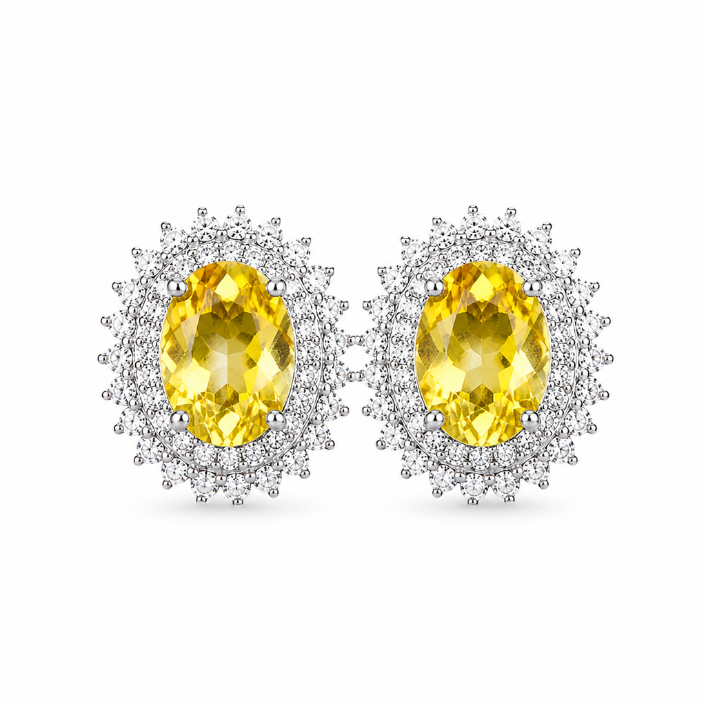 Natural 6x8mm oval citrine stud earrings with sparkling cubic zirconia halo in 925 sterling silver