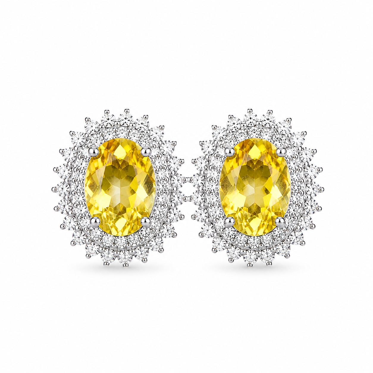 Natural 6x8mm oval citrine stud earrings with sparkling cubic zirconia halo in 925 sterling silver