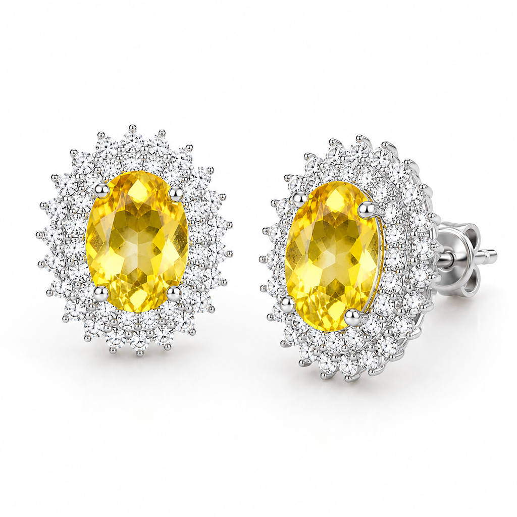 Top view of natural oval citrine stud earrings with sparkling double halo setting