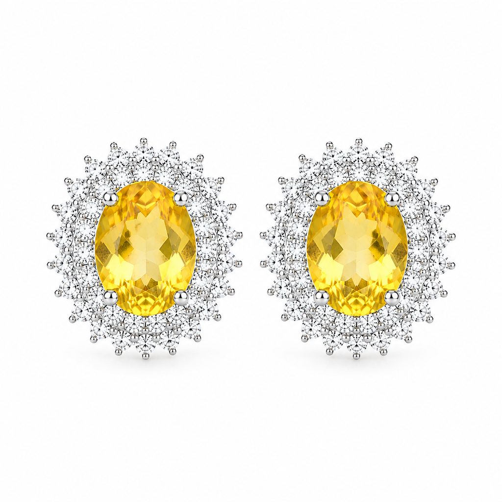 Top view of natural oval citrine stud earrings with sparkling double halo setting