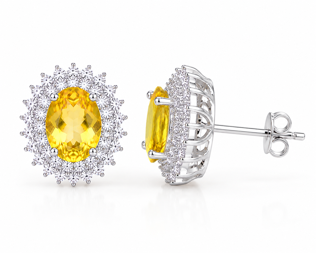 Side profile of 6x8mm citrine gemstone stud earrings in polished 925 sterling silver