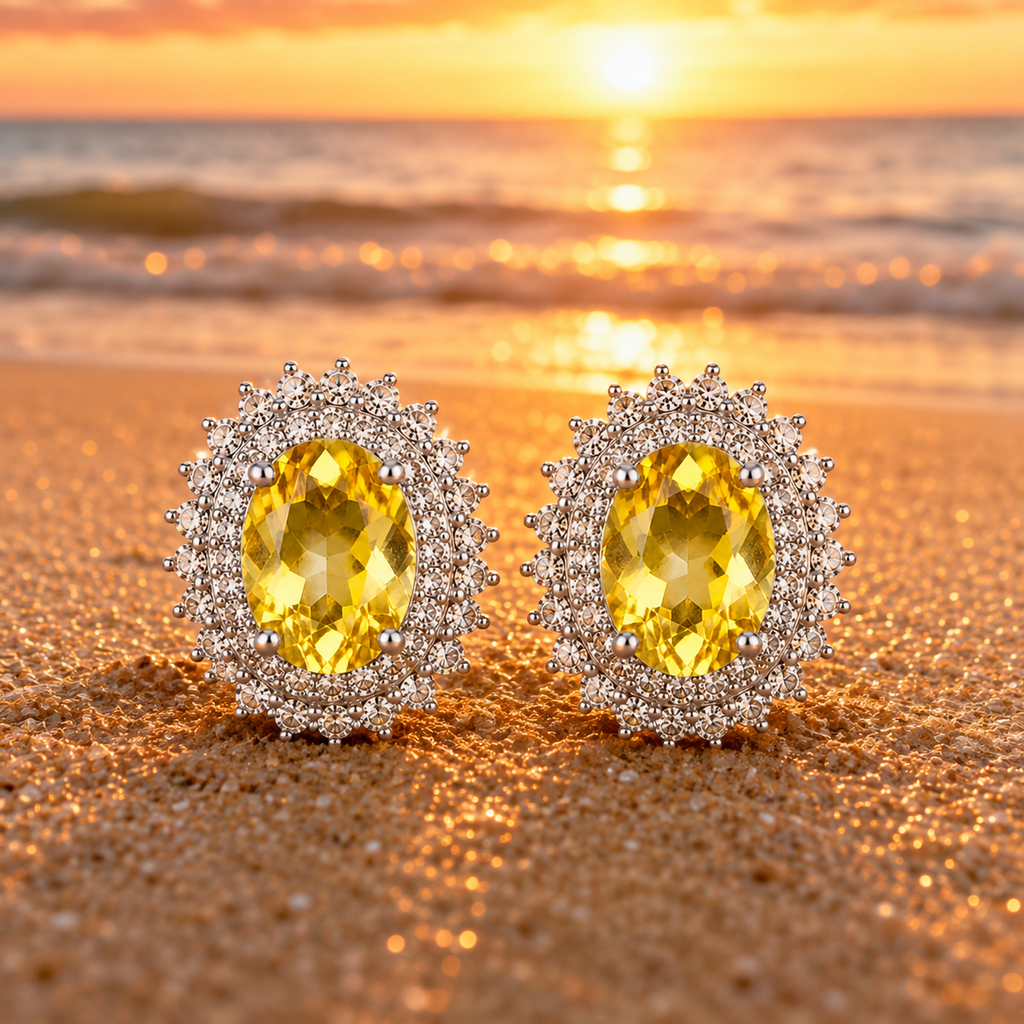 Golden yellow citrine stud earrings photographed in an elegant sunset beach setting