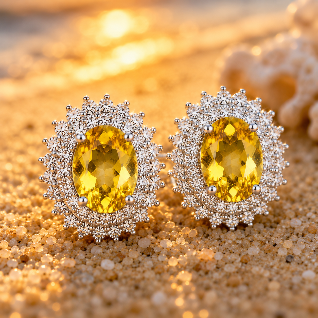 Golden yellow citrine stud earrings photographed in an elegant sunset beach setting