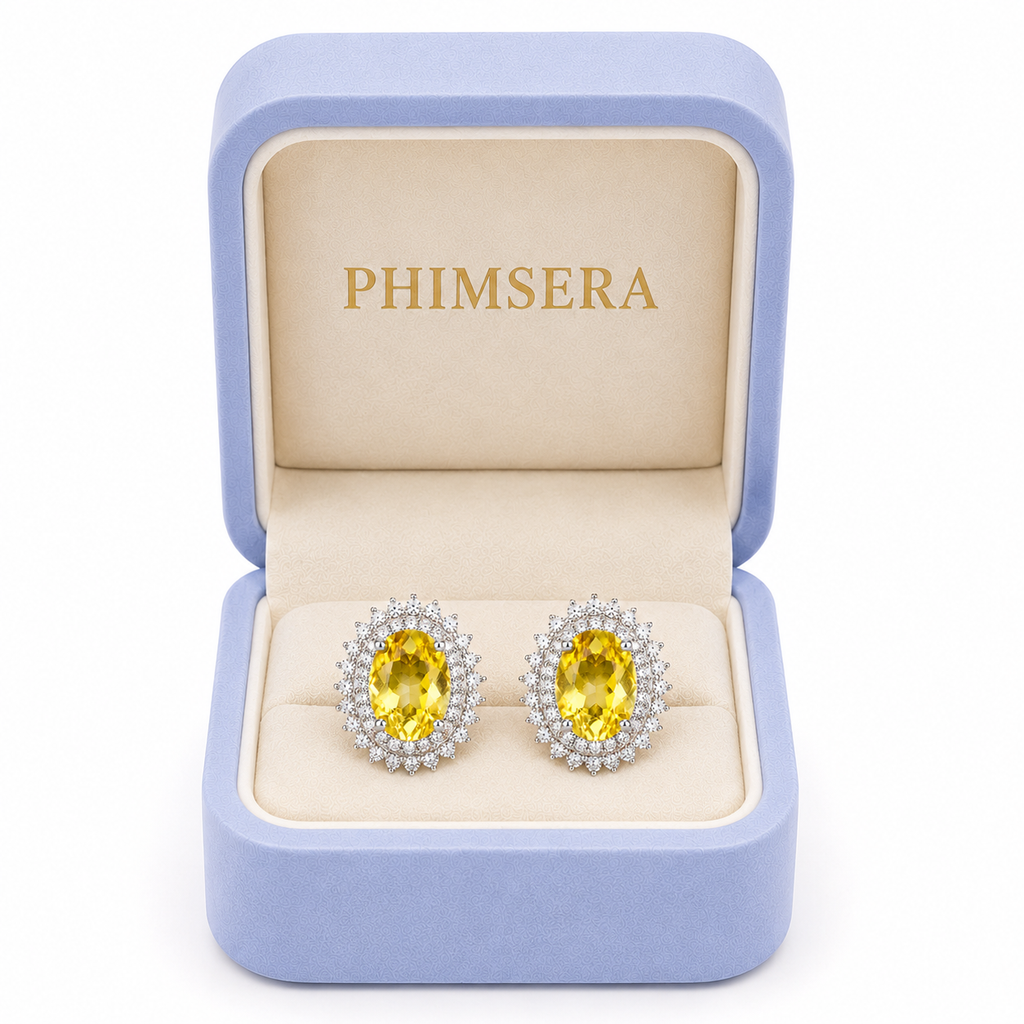 6x8mm natural citrine stud earrings displayed inside a Phimsera jewelry gift box