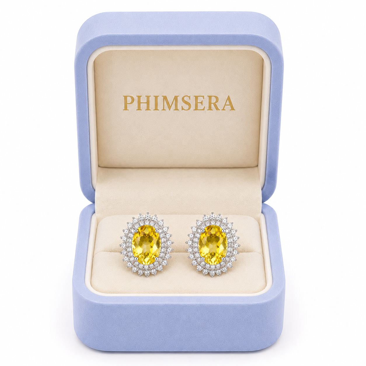 6x8mm natural citrine stud earrings displayed inside a Phimsera jewelry gift box