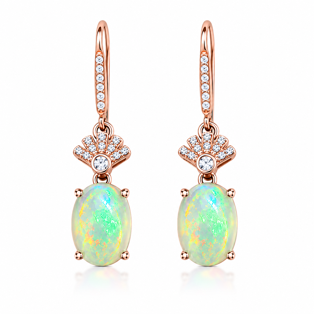 Phimsera 6x8mm natural fire opal drop earrings in 925 sterling silver with cubic zirconia accents