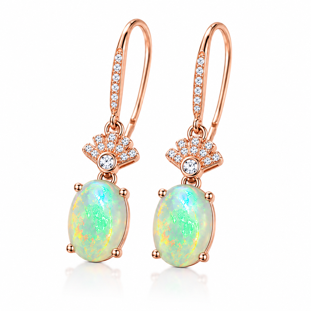 Natural oval fire opal earrings 6x8mm with multicolor play-of-color and sparkling CZ accents