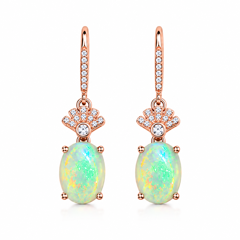 Phimsera natural opal dangle earrings with 6x8mm oval gemstones and sterling silver setting