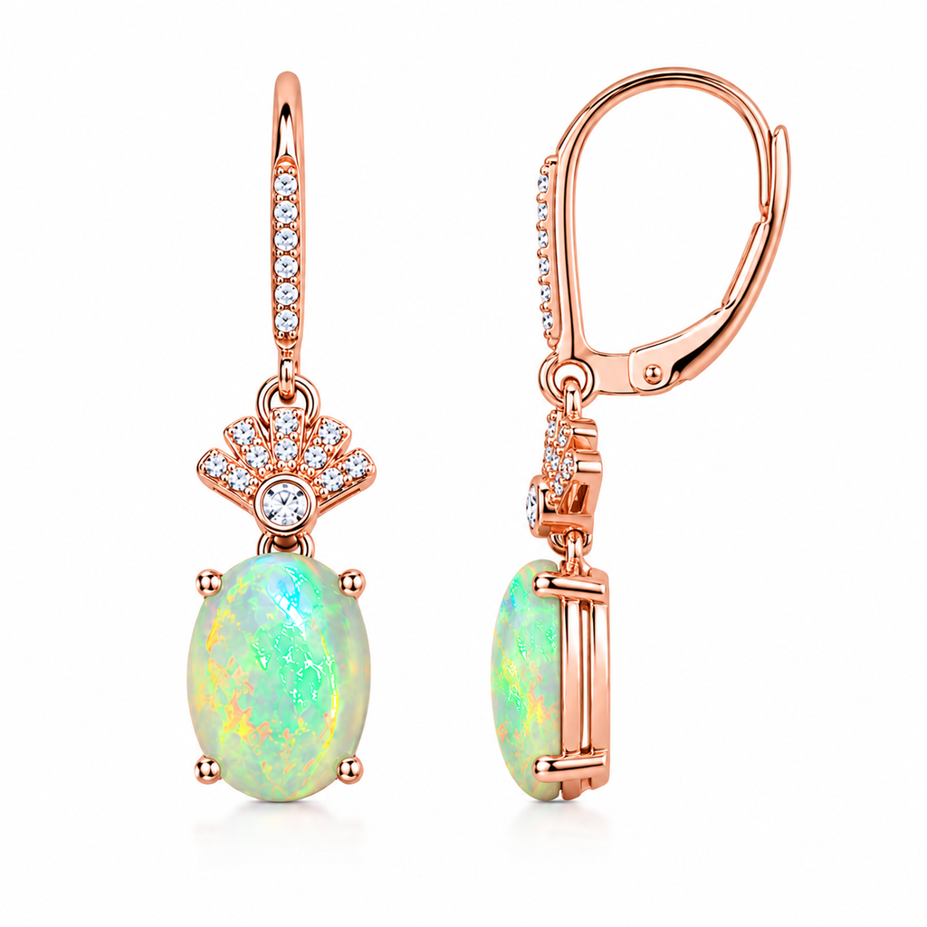 Side view of 6x8mm natural fire opal drop earrings with cubic zirconia accents