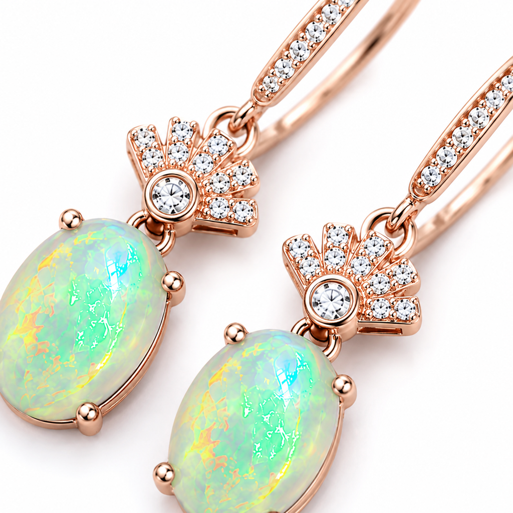 Macro view of natural 6x8mm fire opal earrings showing green yellow and orange play-of-color