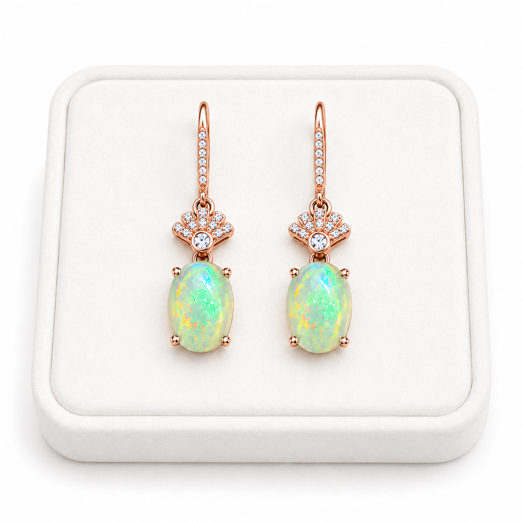 Phimsera 6x8mm oval opal earrings displayed on luxury white jewelry tray