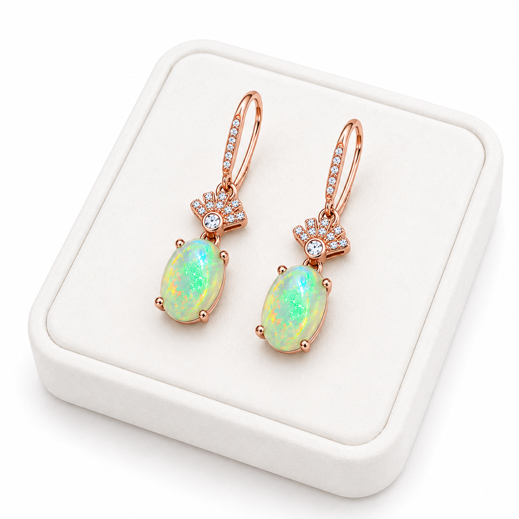 Phimsera 6x8mm oval opal earrings displayed on luxury white jewelry tray